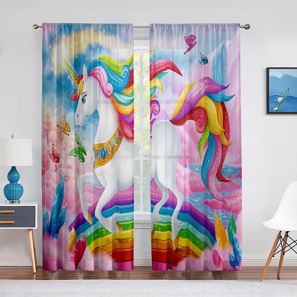 Colorful Unicorn Rainbow Print Pattern Sheer Voile Curtains for Bedroom Living Room Kitchen Decor Chiffon Tulle Windows Curtain