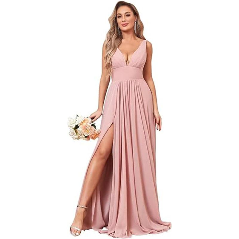 Evening dress summer new deep V-neck split fork long chiffon bridesmaid pleated formal ball dress