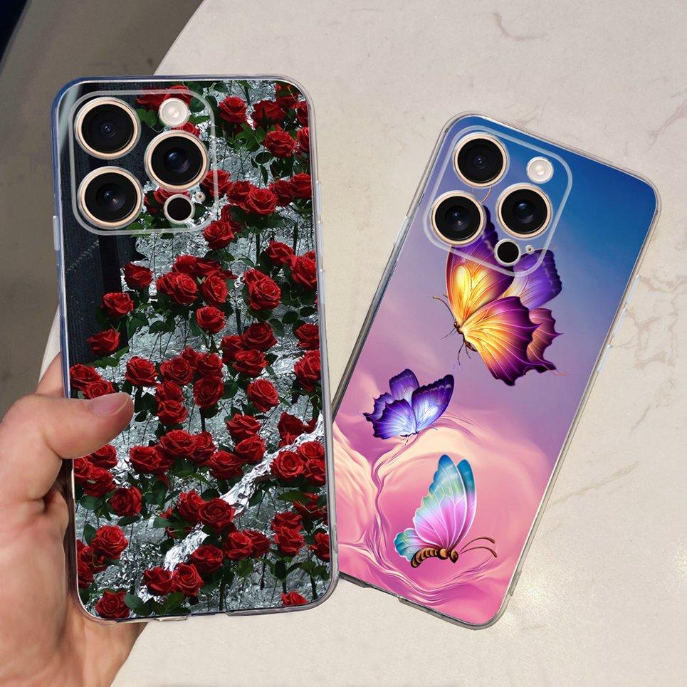 Flower Butterfly Women Fashion Back Cover For iPhone 16 Pro 16 Plus 16 Pro Max Phone Funda Transparent Soft TPU Silicone Case