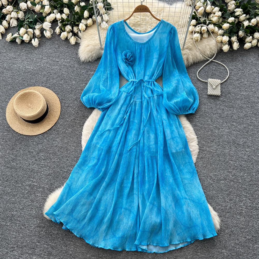 French gentle wind lantern sleeves V-neck dress women's summer lace-up waist thin A-shaped long dress temperament