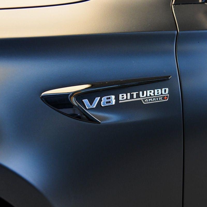 V8 BITURBO 4matic+ A Pair Side Fender Abs Emblem Sliver Black Carbon Fiber Pattern Sticker For AMG A B C E S G Class Car Accessories