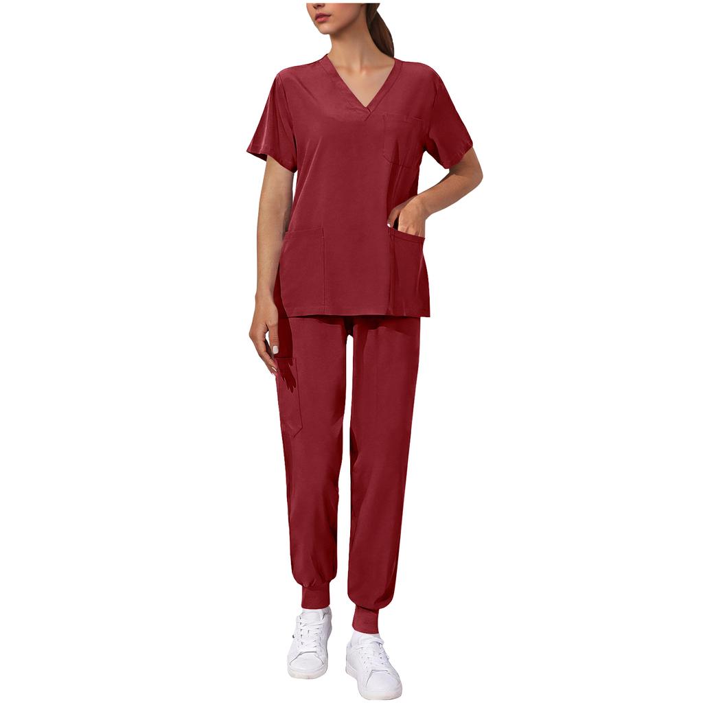 Women's Uniform Quick,drying Fabric Color V,neck Pocket Short,sleeved Trousers Suit Uniform Suit