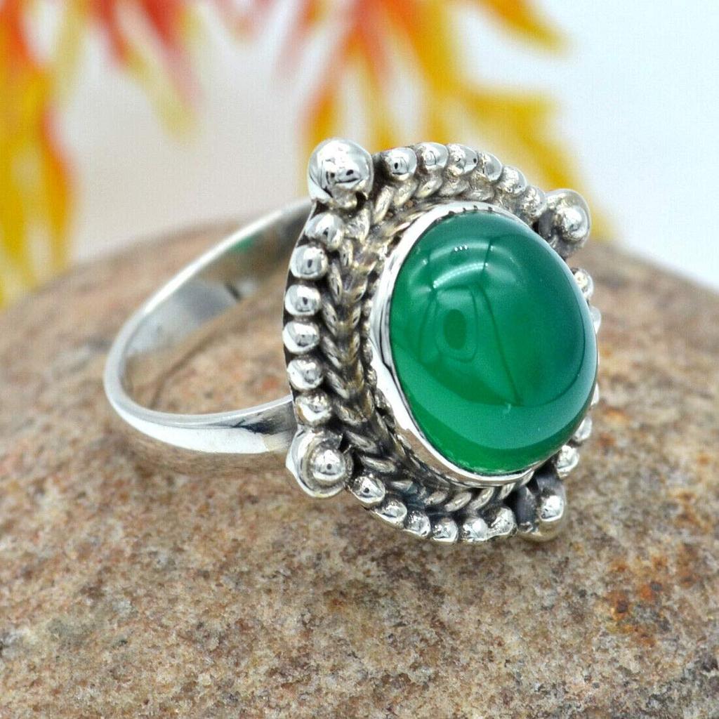 Natürlicher grüner Onyx-Ring mit Edelstein 925er Sterlingsilber-Ring, handgefertigter Stein, massiver Boho-Chic-Steinschmuck für Frauen – 5,77 g