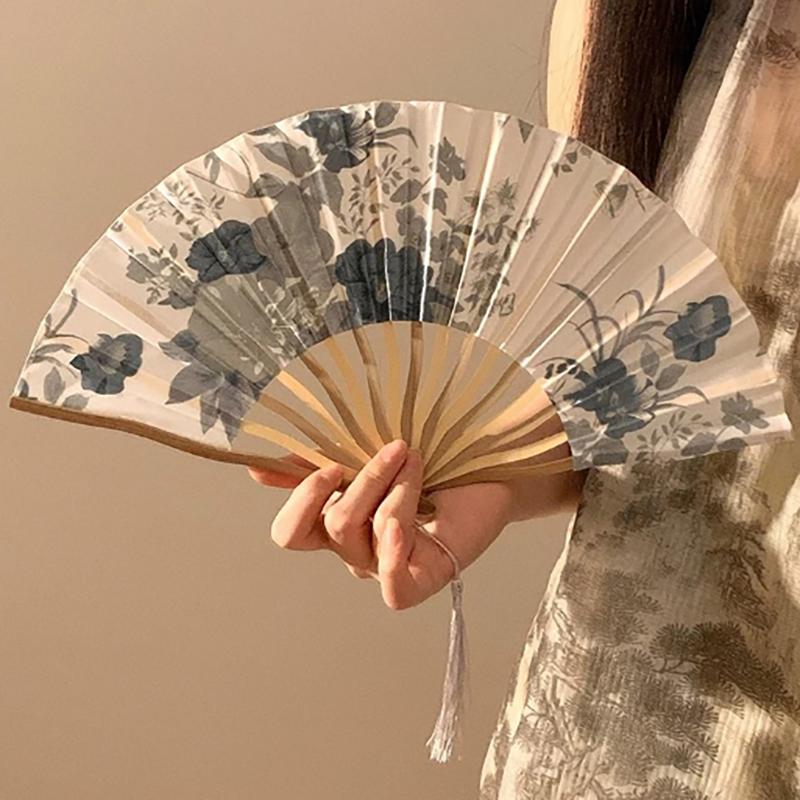 Tragbarer Handfächer Neuer Chinesischer Stil Tanzrequisiten Retro Muschelfächer Frau Männer Bambus Holz Seidenblume Faltfächer