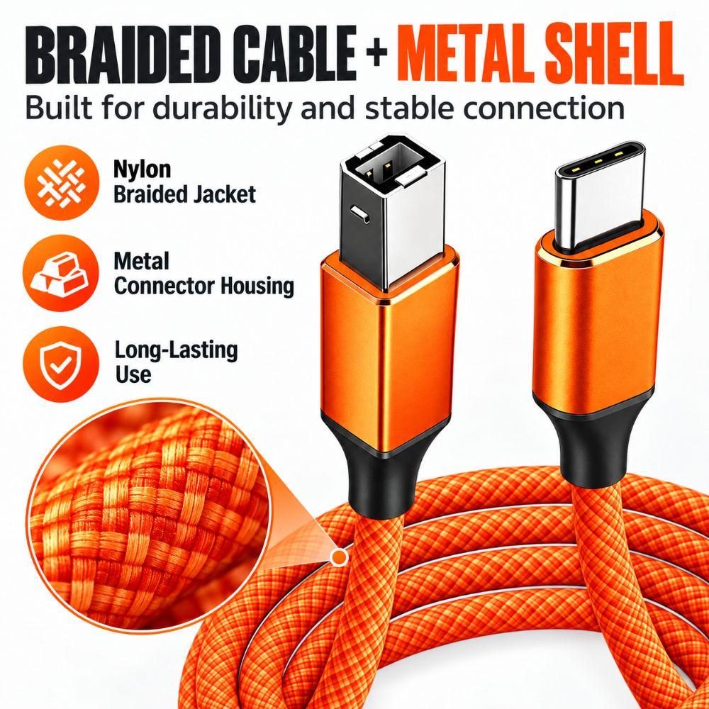USB 2.0 USB-C Printer Cable 480Mbps Scanner Connection Cable USB-B Data Cord Fax Machine