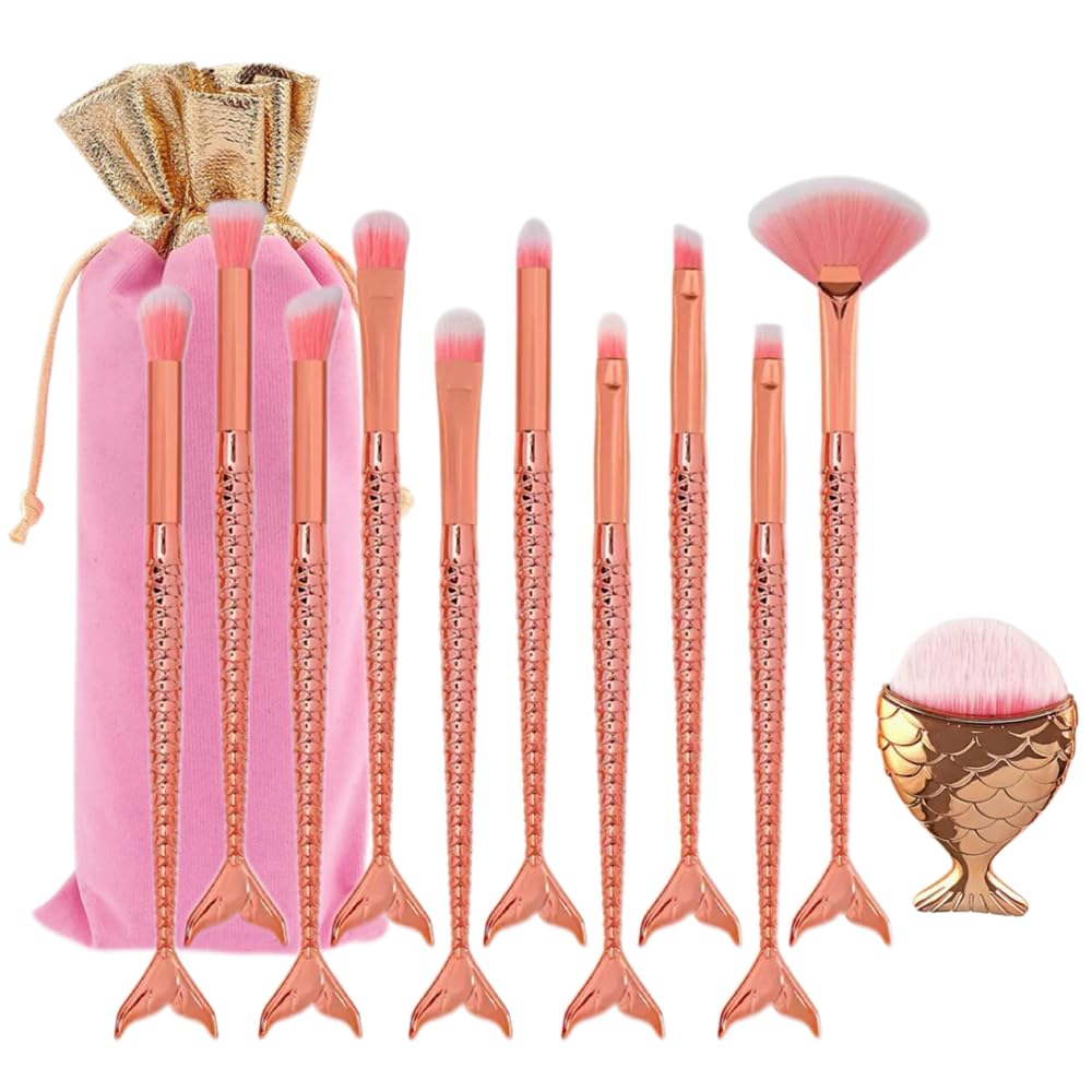 BAOQISHAN Mermaid Makeup Brush Includes Lip and Kabuki Beauty Brushes with Pink Pouch 11-Piece Set, Foundation, Powder, Cream, Eyebrow, Eyeshadow,