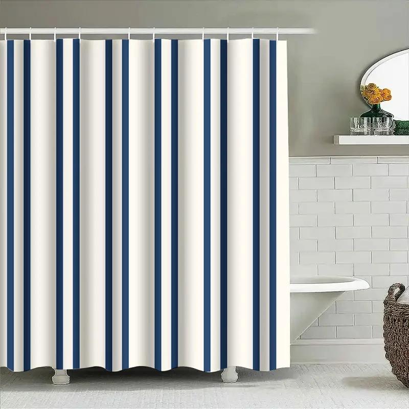 Classic Blue White Striped Shower Curtain Waterproof Bath Mat Decorative Liner Rectangular Size Customizable For Bathroom Access