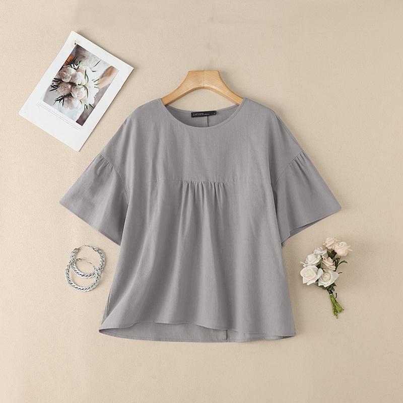 ZANZEA Damen Freizeit Rundhals Einfarbig Kurzarm Bluse