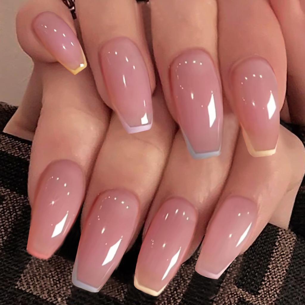 New Removable Wearable Rainbow French Nail Patches Nail Art Finished Fake Nail Long Nails