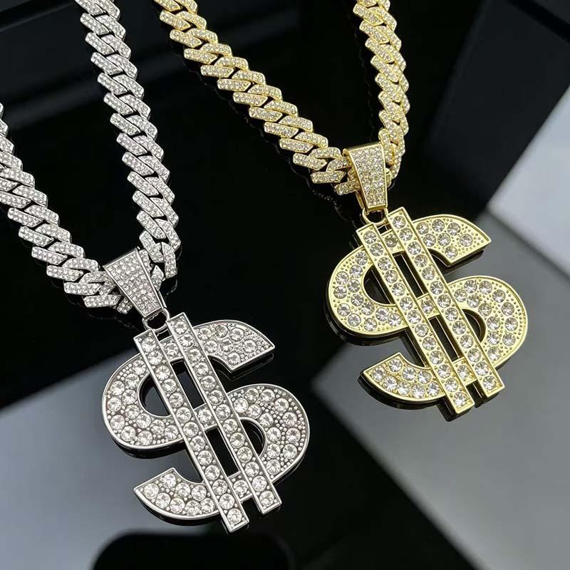 Hip Hop Iced Out Gold Dollar Sign Pendant Necklace Western Bold Statement Unisex Trendy Fashion Jewelry Gift gold 40cm