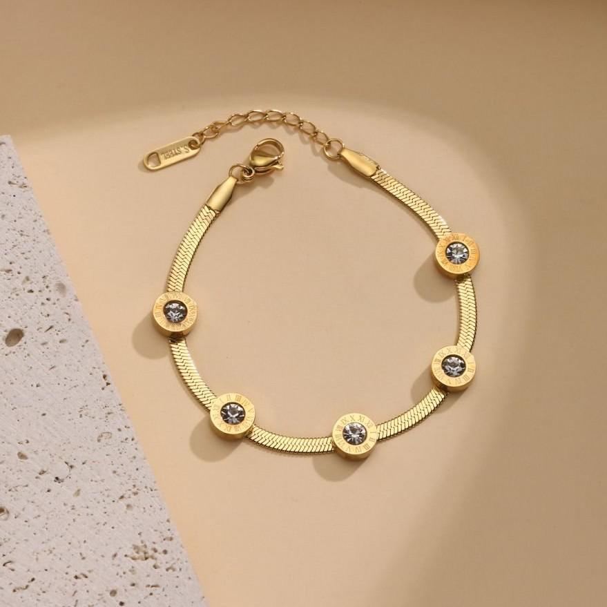 Exquisite European Style Women's Bracelet: Personalized Titanium Steel with Rhinestone Disc, Number Design, 18K Gold, High-End Fashion.