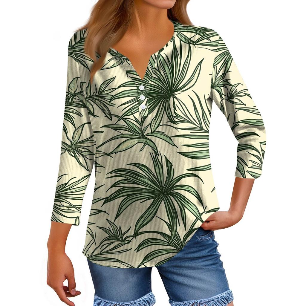 Dámské tričko tričko potisk knoflík 3/4 rukáv tunika denní víkendová móda základní výstřih do V běžný top