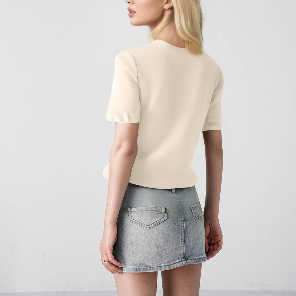 Women's Sweater T-Shirt Short Sleeve Knitted Tops Pullover V-Neck Sweater Lightweight Casual Color Sweater Elegant Spring Summer Tops