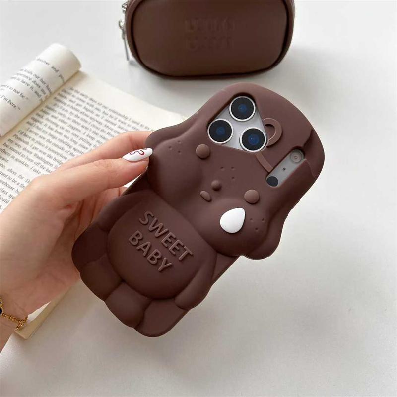 

3D Милый Сладкий Детский Чехол для Телефона для iPhone 17 16 15 14 13 Pro 12 Pro Max Мягкий Силиконовый Чехол iPhone 13 коричневый