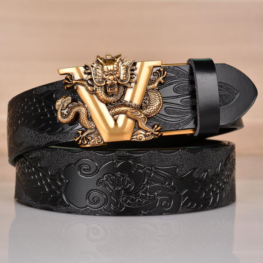 Dragon Embossed Automatic Buckle Men's Belt - Cowhide Casual Jean Accessory