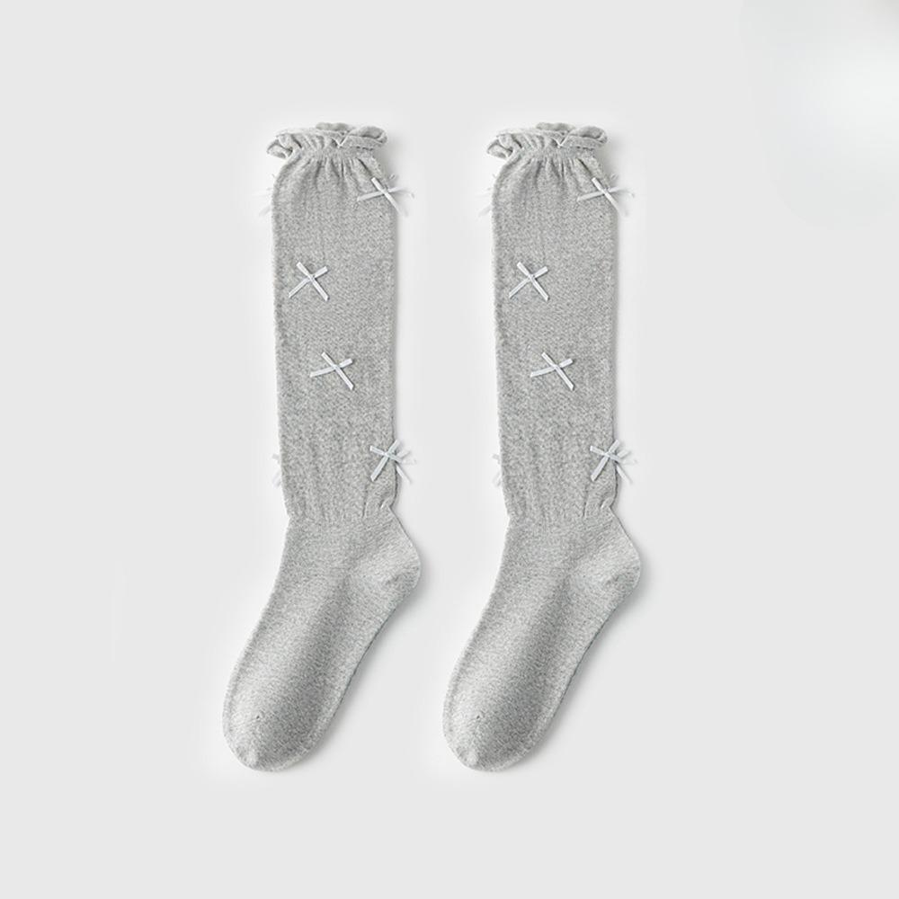 

Женские весенне-летние тонкие носки из хлопка с бантом и кружевом в балетном стиле, длинные гольфы 1 pair серый