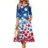 Women Casual Round Neck Three Quarter Sleeve Waist Cinched Independence Day Dress Spring Autumn Midi Length Star Print