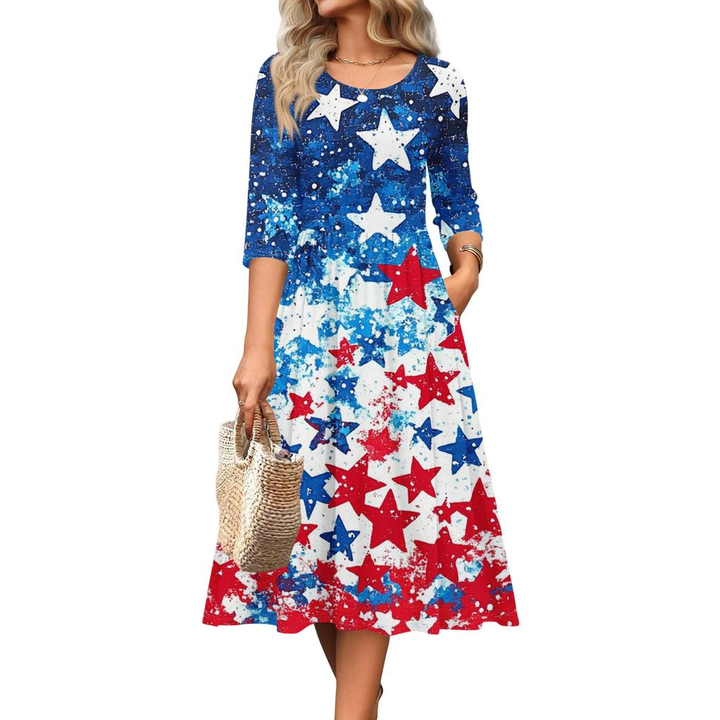 Women Casual Round Neck Three Quarter Sleeve Waist Cinched Independence Day Dress Spring Autumn Midi Length Star Print