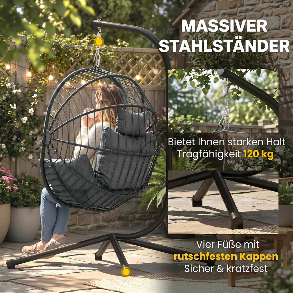 Hanging Egg Chair, Hammock Swing, Folding Basket, Padded Cushion, Grey