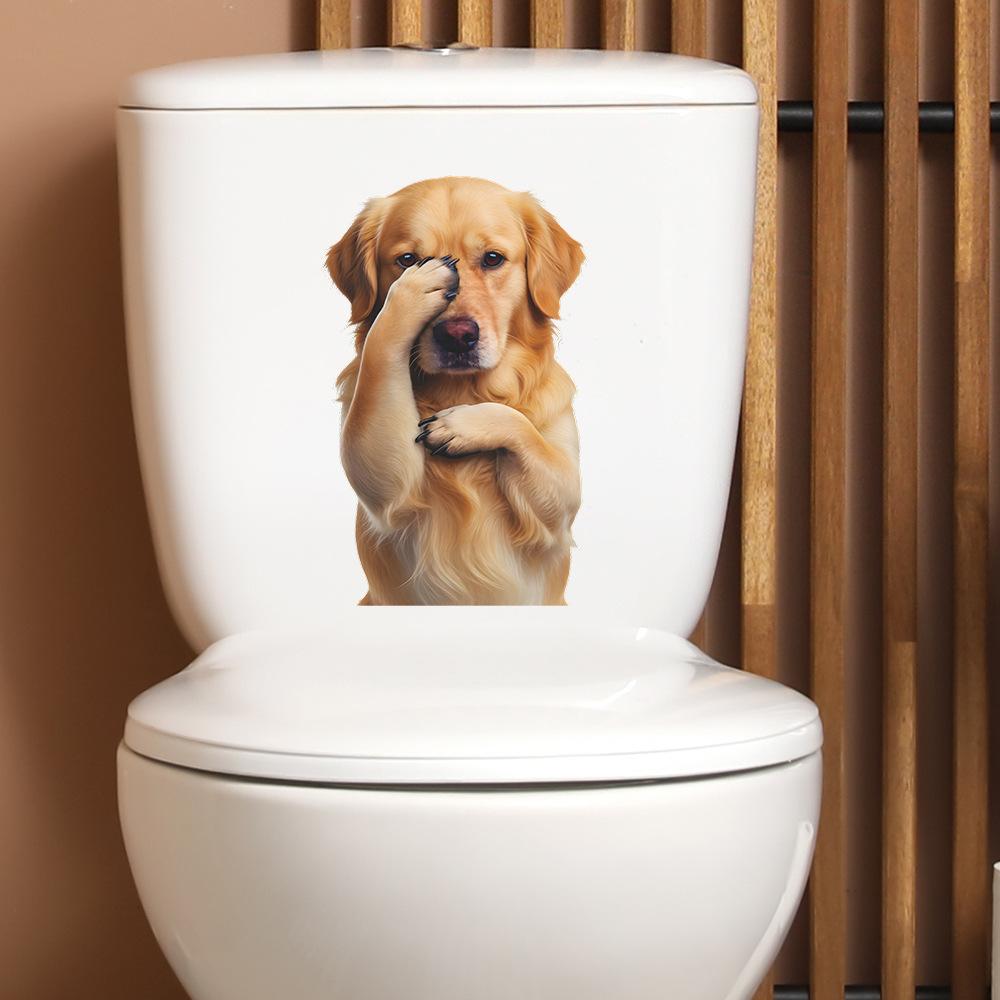 Cartoon Golden Retriever Covering Eyes Bathroom Toilet Wall Sticker Self Adhesive Home Decor