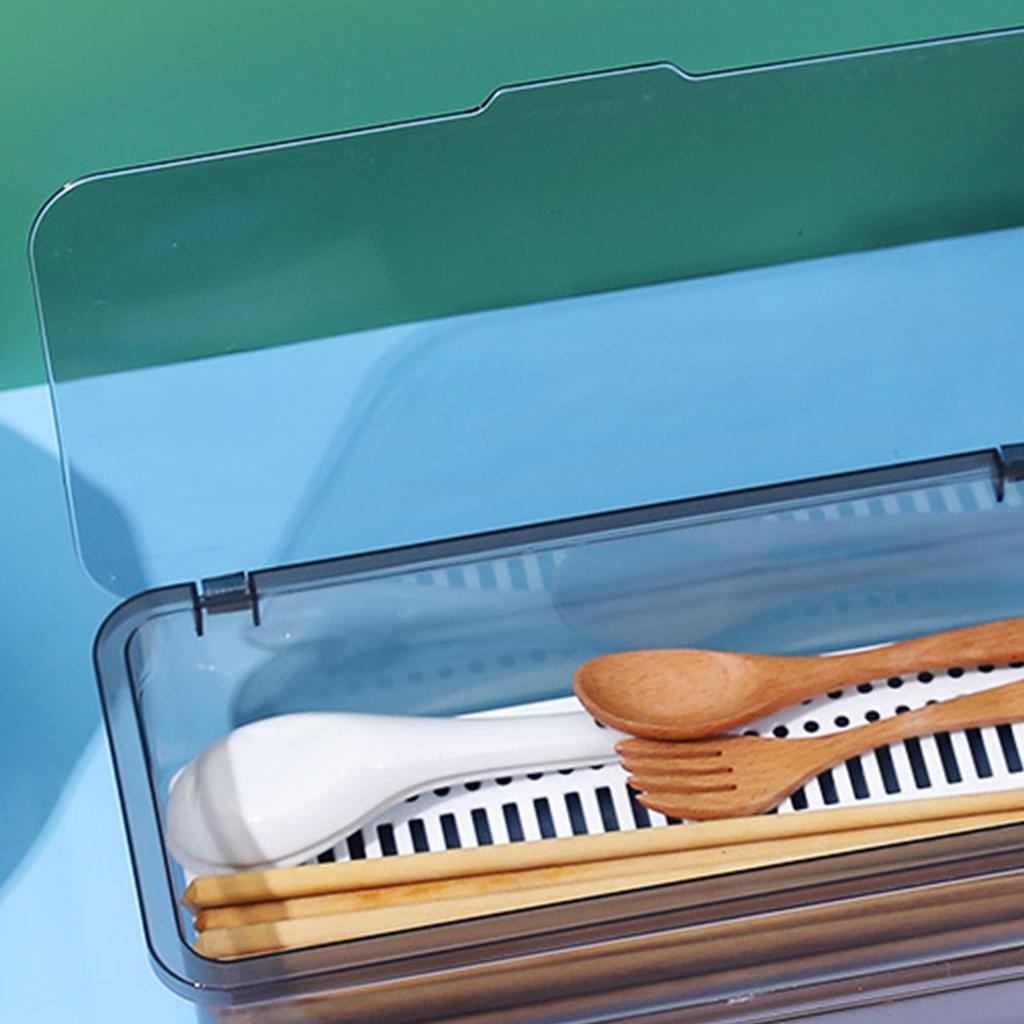 Flatware Tray with Lid and Drainer Dustproof Transparent Fashionable Silverware Countertop Storage Container for