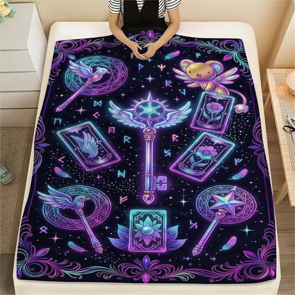 Warm Cardcaptor Sakura Pattern Flannel Blanket Cozy Print Throw for Bedrooms Sofas Chairs Travel Picnic Multi-use-Xin