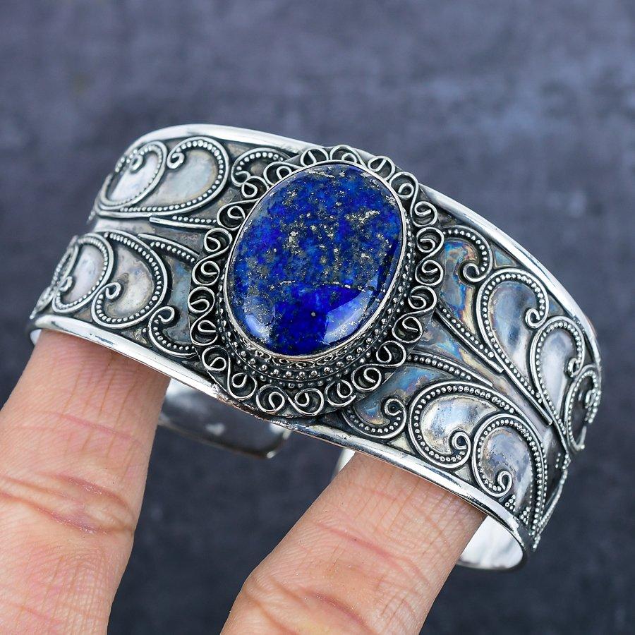 Lapis Lazuli Edelstein Handgefertigt 925 Sterling Silber Manschettenarmreif Verstellbar u3n35