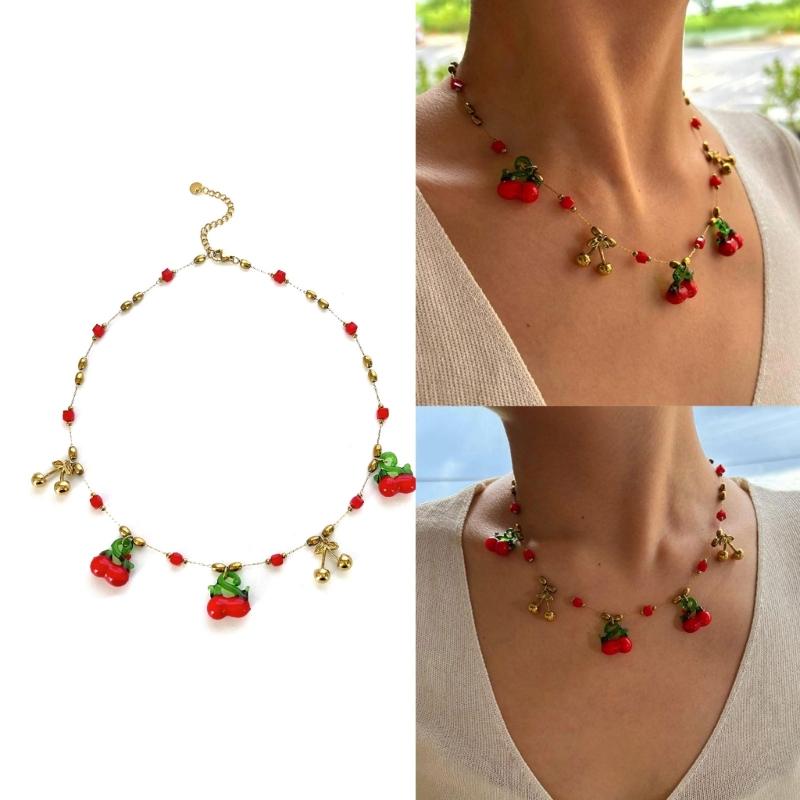 Sweet Cherry Inspired Necklace Stainless Steel Pendant Spring Summer Jewelry Gift Adjustable Chain For Daily Wear