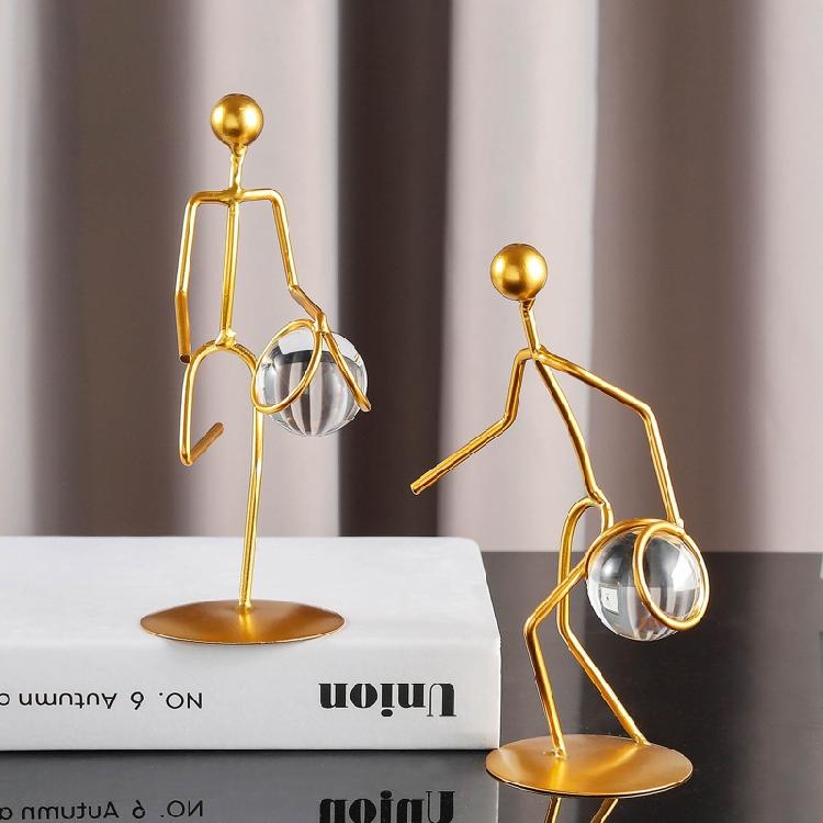 Athlete Crystal Ball Figurine Iron Gold Desktop Ornament Bedroom Living Room