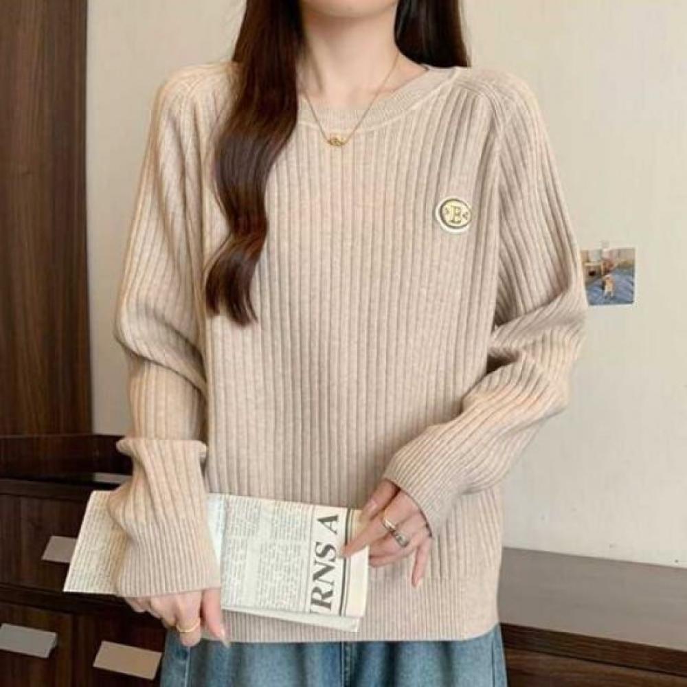 Navava Casual Solid Ribbed Round Neck Long Sleeve Knit Top Nk2421
