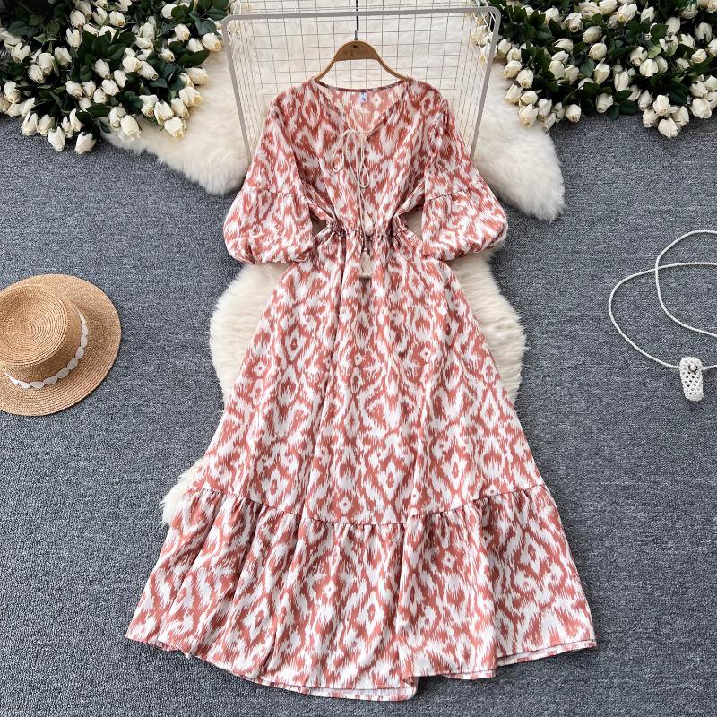 Elegancka Sukienka w Kwiaty Vintage dla Kobiet Letnie Sukienki Sznurowane w Talii Slim Y2k Bufiaste Rękawy Luźne Sukienki