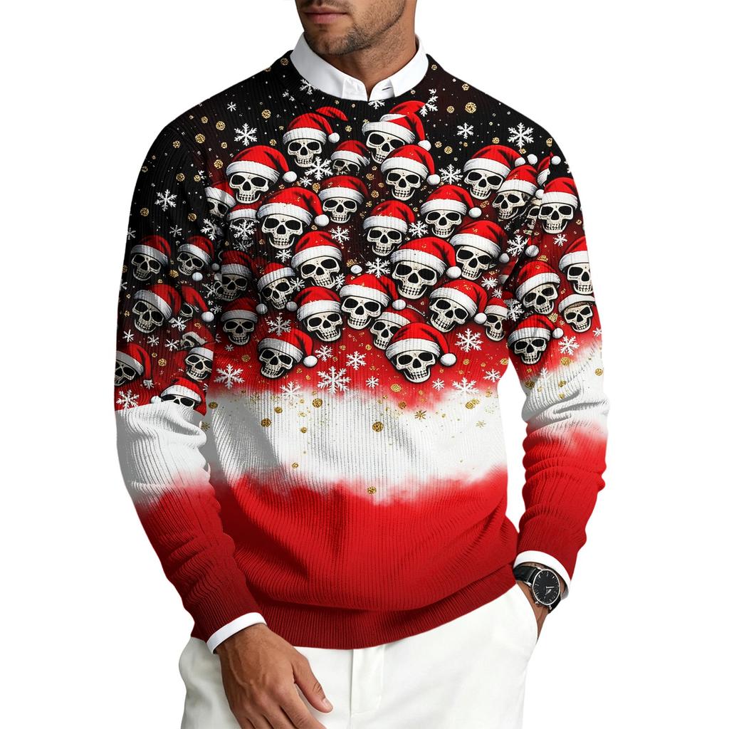 Men's Long Sleeve Crewneck Ribbed Knit Pullover Sweater with Christmas Holiday Print Casual Winter Top