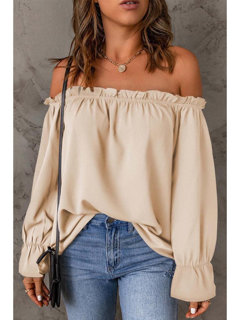 Women's Off-the-Shoulder Chiffon Blouse - European and American Style, Solid Color Pullover for Spring and Autumn, Sexy & Elegant.