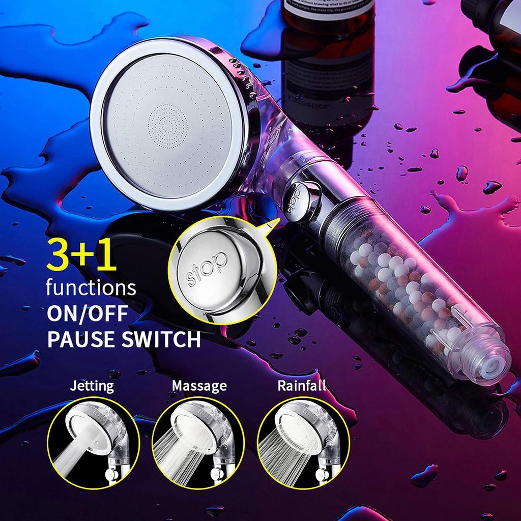 3 Modes Adjustable High Pressure Shower Head SPA Shower Water Saving Filter Balls Replaceable Switch Button One Key Stop Shower