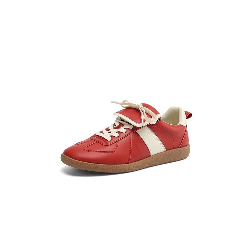 Fashion New Lace Up Sneakers Genuine Leather Splicing Flat Shoes Black Red Silver Ladies Casual Beading Flats Womens Round Toe Footwear