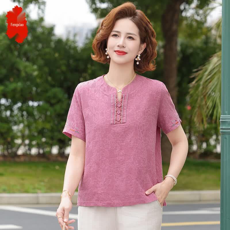 Fenxiao Mama Bawełniano-lniany T-shirt i komplet dla kobiet w średnim wieku na lato