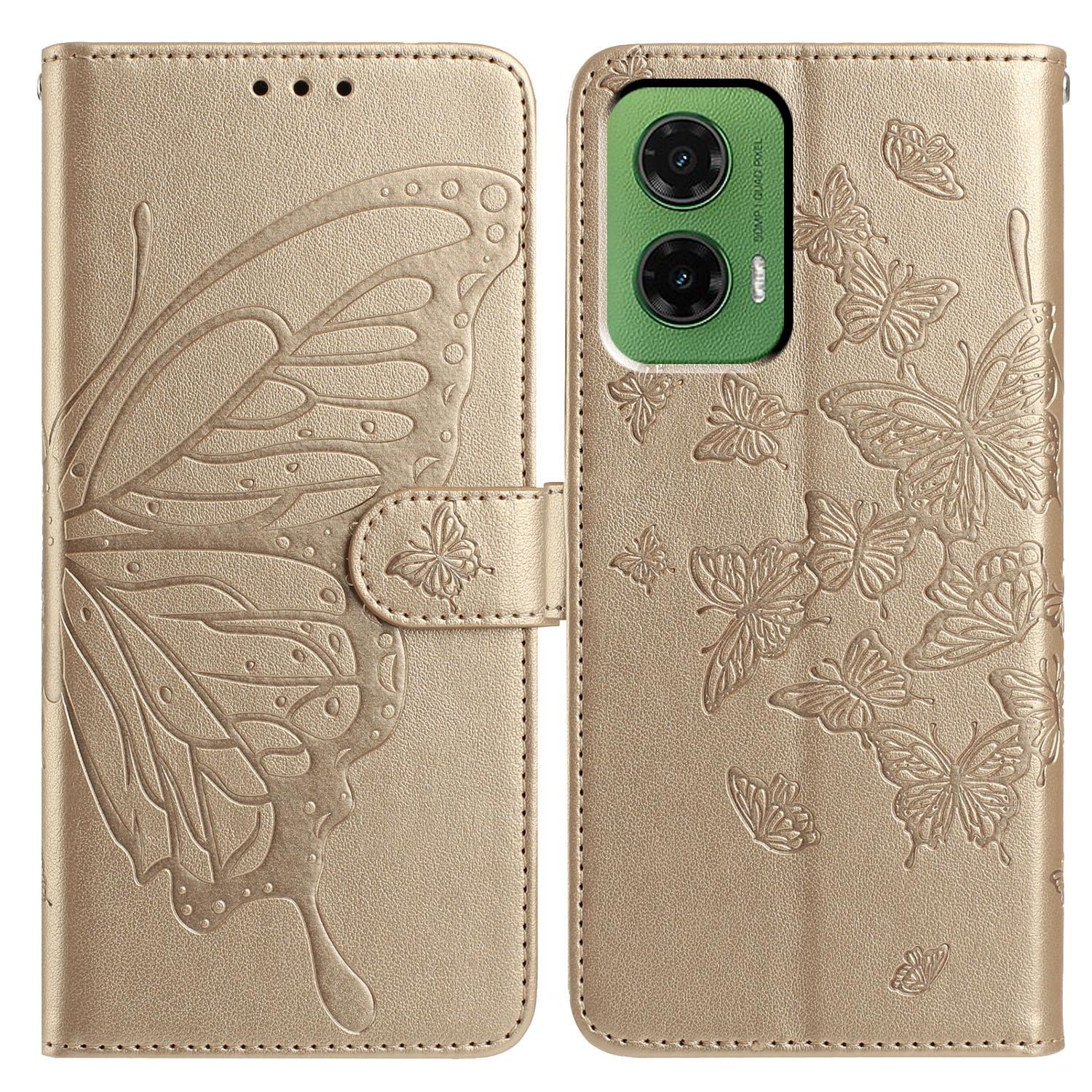 

For Motorola Moto G35 5G Case Butterfly Imprinted Wallet Stand PU Leather Flip Phone Cover with Strap Gold