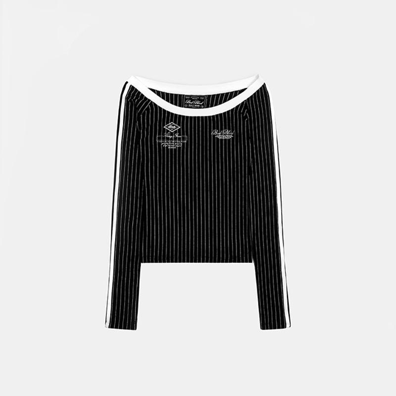 Korean Badblood Bcac Series Women s Slim Long Sleeve Retro Striped One-Shoulder Top S чёрный