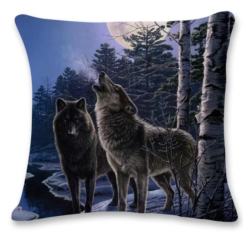 Wild Wolf Print Pillow Cover Forest  Snowy Mountain Scene Polyester Cushion Case Wildlife Themed Home Decor for Sofa  Bedroo