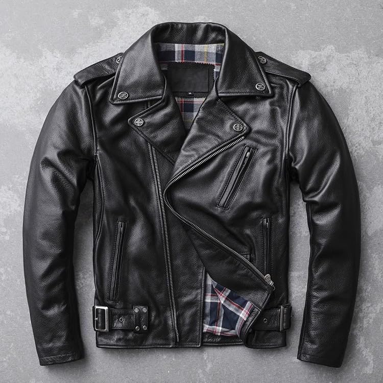 CHEJI Genuine Leather Cowhide Biker Motorcycle Denim Fashionable Jacket, Men's Coat, Jacket, Short, Jacket, Cold-Resistant, Windproof, Thick, Spring,