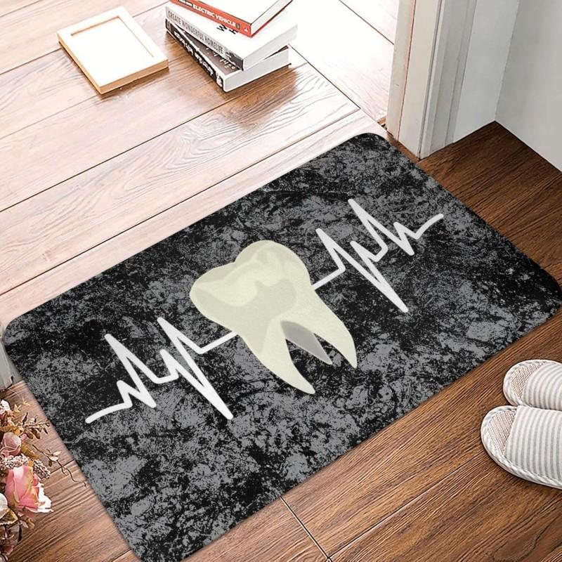 Tooth Heartbeat Print Doormat Vintage Grunge Dental Design Non-Slip Floor Mat for Dentist Clinic
