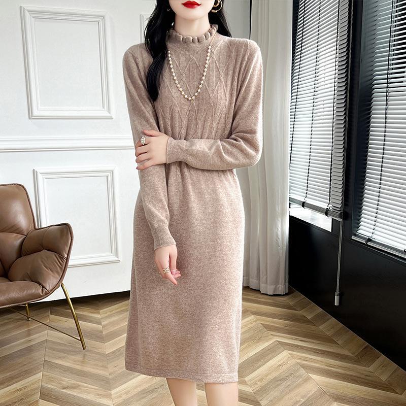 Autumn and Winter New Knitted Dress Temperament Fungus Collar Women with Coat Thin Inner with Medium and Long Sweater Women
