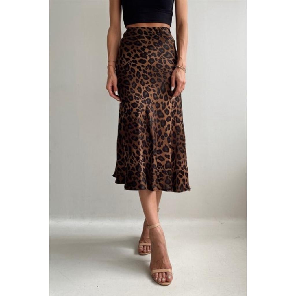 Leopard Pattern Satin Midi Length Brown Skirt