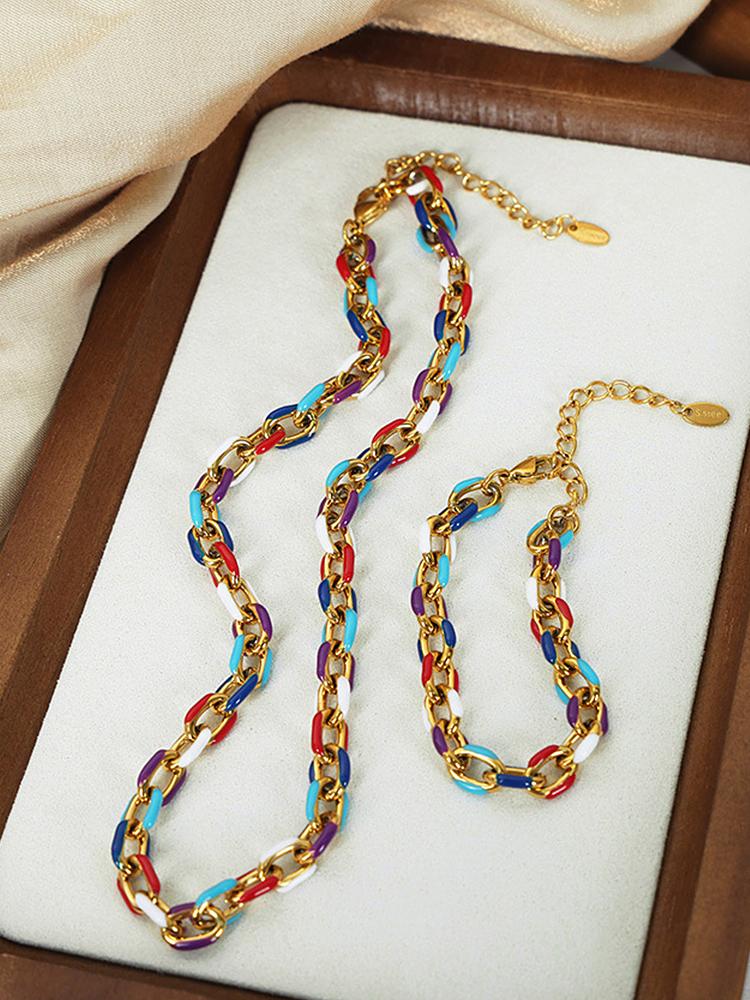 Colourful Enamel Necklace Bracelet For Women Stainless Steel 18K Gold Plated Waterproof Women's Neck Chain Bracelets Zircon Set