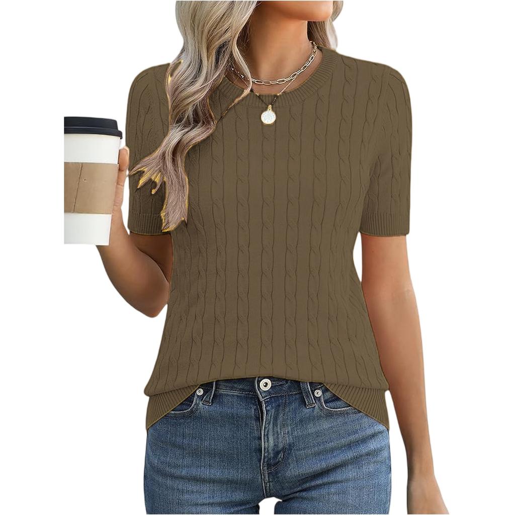 Women Short Sleeve Cable Knit Pullover Crew Neck Ribbed Hem Fitted Soft Stretchy Lightweight Sweater Top