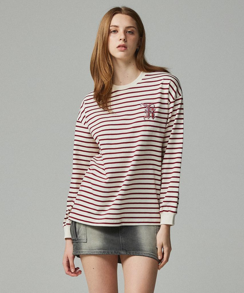 KITTY POTTERY Simple Logo Embroidered Striped T-Shirt Ivory & Wine