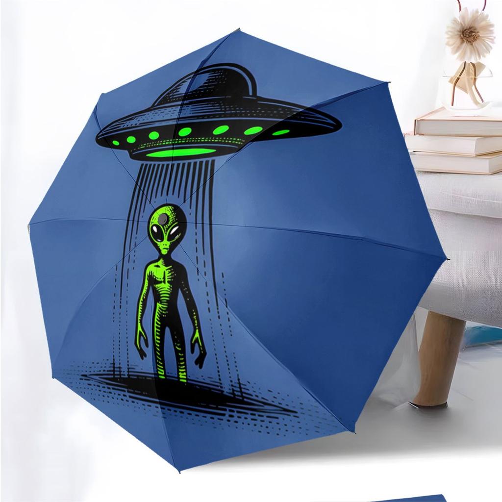 Automatyczny składany parasol z wzorem kosmity UFO i istot pozaziemskich - wytrzymała konstrukcja 8-żebrowa, przenośny, składany do podróży, na co dzień
