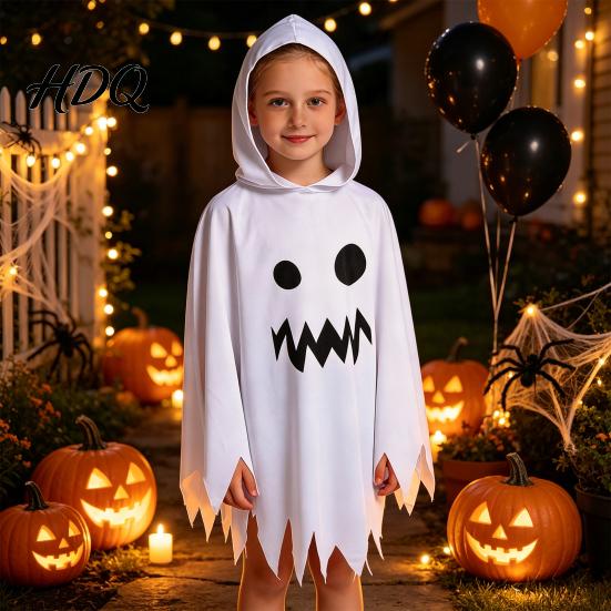 Halloween Ghost Cloak with Hood Loose Fit Irregular Hem Costume Parent Child Matching Outfits for Cosplay Party White Spooky Pullover Cape