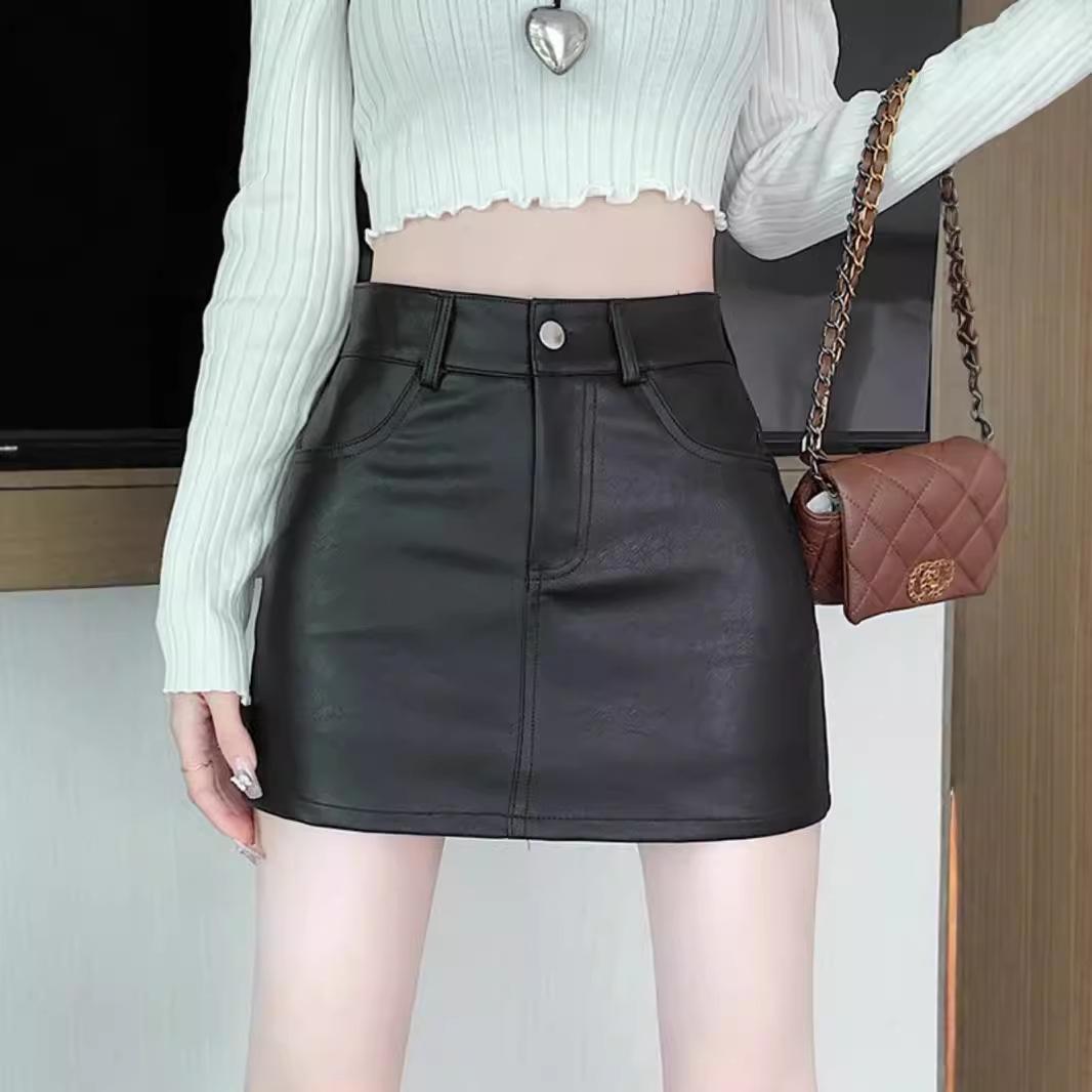

Women s Black High-Waist A-Line Leather Mini Skirt - Petite, Slim Fit for Autumn L