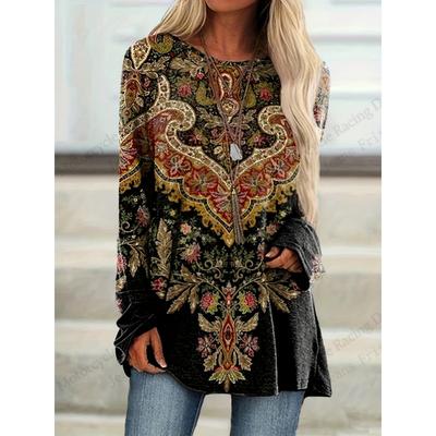 Dámske Boho Vintage Kvetinové Paisley 3D Potlač Dlhý Rukáv Tunika Top Tričká Dámska Móda Nadrozmerné Tričko Dámske Tričká Top